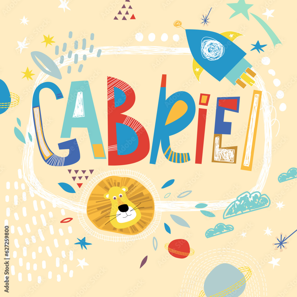 Bright card with beautiful name Gabriel in planets, lion and simple forms. Awesome male name design in bright colors. Tremendous vector background for fabulous designs