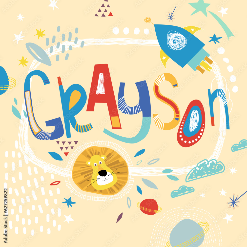 Bright card with beautiful name Grayson in planets, lion and simple forms. Awesome male name design in bright colors. Tremendous vector background for fabulous designs