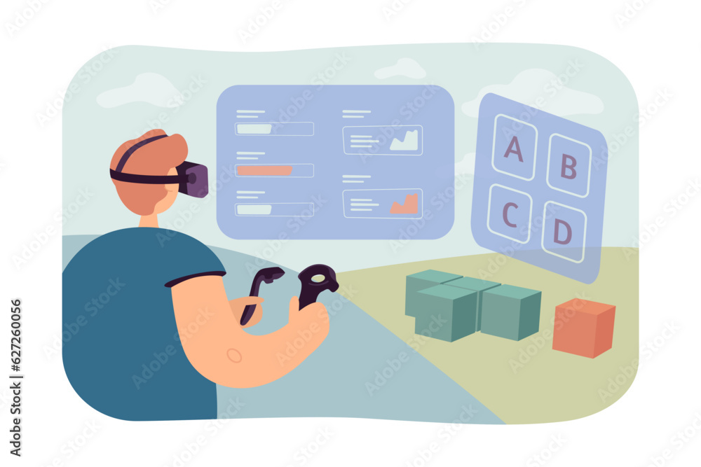 User creating objects in virtual reality vector illustration. Man in headset holding controllers, analyzing graphs and tools on screen. Metaverse, VR experience, artificial intelligence concept User creating objects in virtual reality vector illustration. Man in headset holding controllers, analyzing graphs and tools on screen. Metaverse, VR experience, artificial intelligence concept