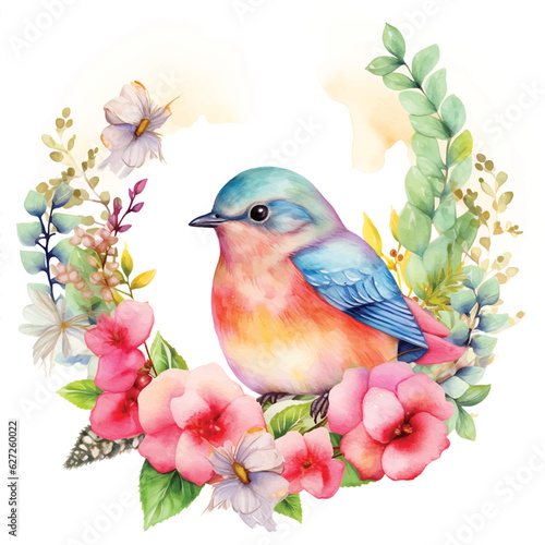 Bird with flower crown watercolor paint