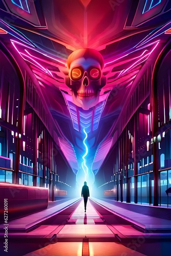 Infernal night, multicolored smoke, neon lighting, futuristic retro style, retro skull punk on a time bomb, cyberpunk illustration for a horror book in a seaport. highly detailed images