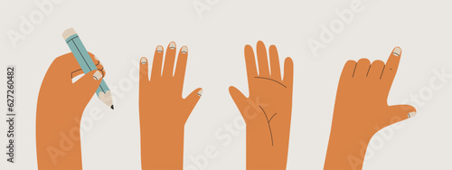 Set of left hands with various gestures. The hand holds a pencil, pointing gesture, hand with the back side and the outside. Vector flat isolated illustration for design.