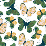 Vector seamless patten with flying butterflies in limited color palette.