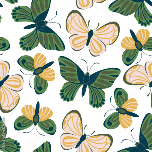 Vector seamless patten with flying butterflies in limited color palette.