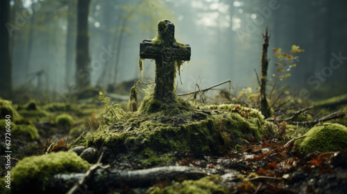 Abandoned cemetery in the forest created with generative AI technology