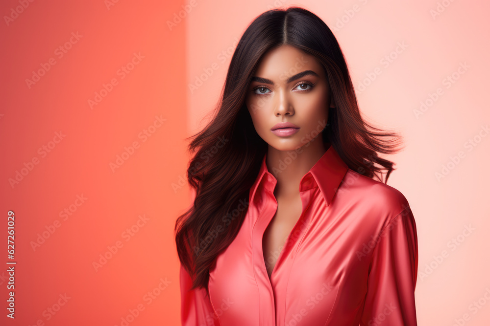 Fashion model in pink clothing looking at the camera with vibrant coral pink color background. Generative AI Fashion model in pink clothing looking at the camera with vibrant coral pink color background. Generative AI