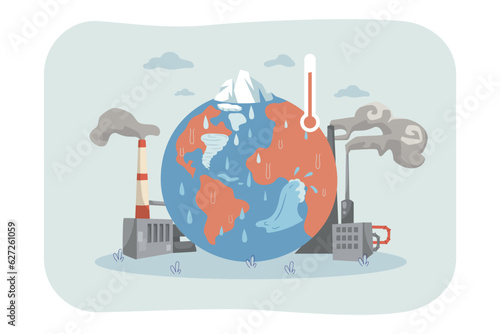 Hot planet suffering from global warming vector illustration. Poor ecology and pollution causing natural disasters, high temperature, melting glaciers. Climate change, ecology concept