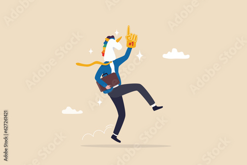 Success unicorn startup company, venture capital funding billion dollar support, growth or winning entrepreneur, challenge concept, happy winning businessman with unicorn mass and winning glove.