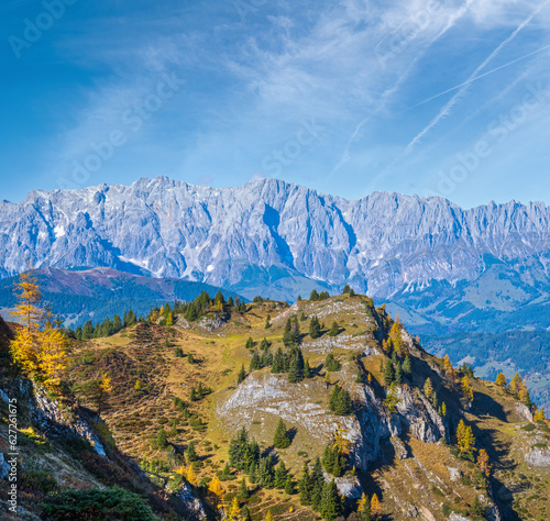 Peaceful autumn Alps mountain sunny view from hiking path from Dorfgastein to Paarseen lakes, Land Salzburg, Austria.