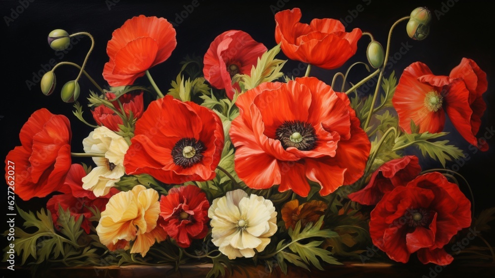 Fototapeta premium Beautiful red common poppy flower images illustration wallpaper AI Generated art