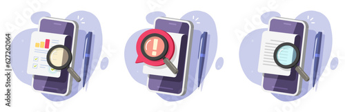 Cell phone document check quality proof read icon vector 3d graphic, content audit research evidence, data report text proofread online, analysis expertise inspection search, parent control cellphone