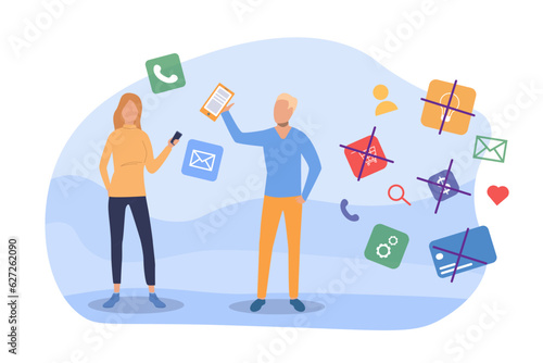 Young people rejecting smartphones vector illustration. Teenagers buying dumb phones and rediscovering offline world without social media and online shopping. Independence from technology concept