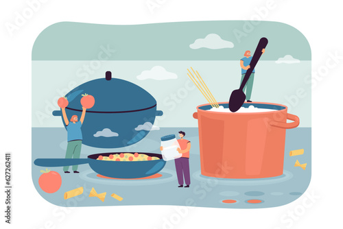 People using different cooking techniques vector illustration. Tiny chefs boiling, steaming and roasting food in pans to retain nutrients. Culinary equipment, homemade food concept