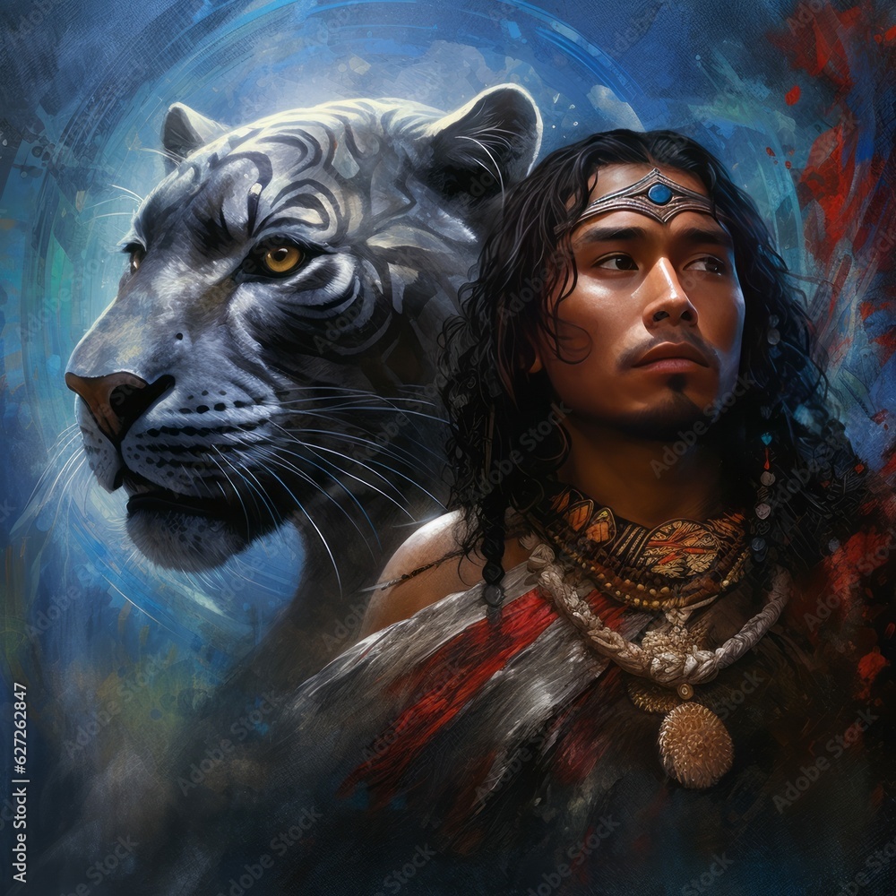 Fantasy Portrait of Young Indigenous Man with Legendary or Imaginary Big Cat