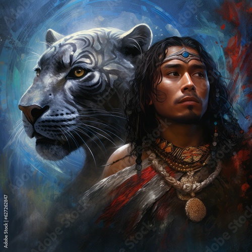 Fantasy Portrait of Young Indigenous Man with Legendary or Imaginary Big Cat photo