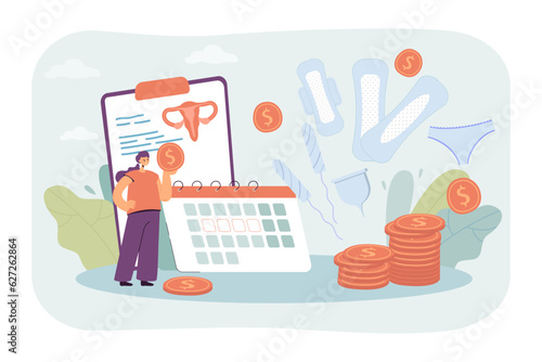 Woman saving money for hygiene products vector illustration. High cost of pads and tampons, women suffering from menstruation. Reproductive health care, finance, female hygiene concept