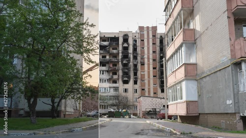 Stages of Demolition process of a residential building heavily destroyed during the full-scale Russian invasion. Irpin, Ukraine