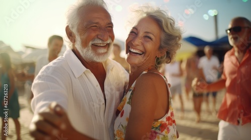 An older couple dancing on the beach at sunset. Health care, Family outdoor lifestyle