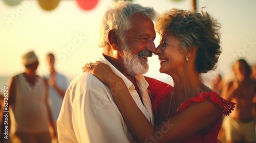 An older couple dancing on the beach at sunset. Health care, Family outdoor lifestyle