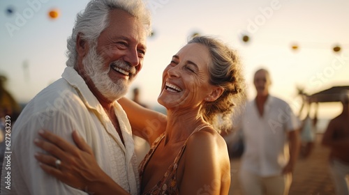 An older couple dancing on the beach at sunset. Health care, Family outdoor lifestyle. AI generated