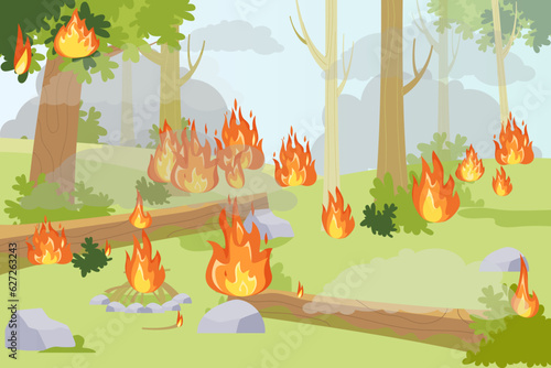 Wildfire in forest because of bonfire vector illustration. Summer heat, drought and cigarettes causing forest fires and destruction. Natural disaster, global warming, fire danger concept