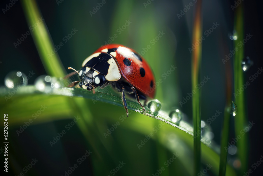 Obraz premium Ladybug on green grass with dewdrops