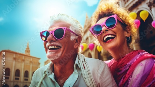 Close up vivid portrait of an elderly couple, happy man and woman traveling. Elderly travelers, AI generated