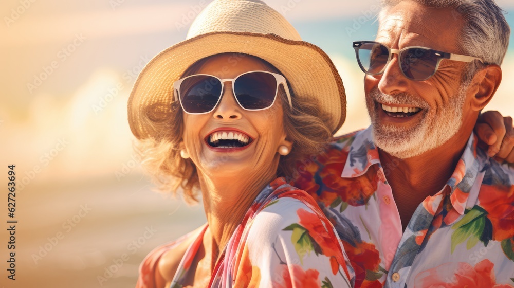 Elderly couple happy together, cuddling on the beach. Portrait, close-up. Vacation of pensioners. AI generated Elderly couple happy together, cuddling on the beach. Portrait, close-up. Vacation of pensioners. AI generated