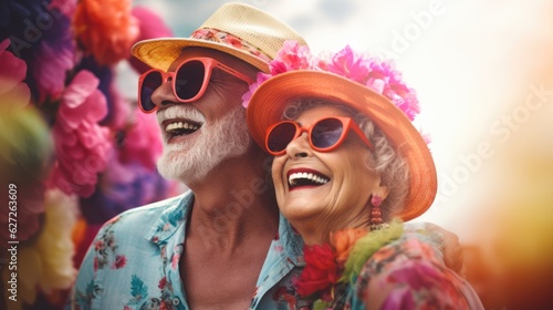 Close up vivid portrait of an elderly couple, happy man and woman traveling. Elderly travelers, AI generated