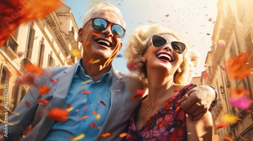 Close up vivid portrait of an elderly couple, happy man and woman traveling. Elderly travelers, AI generated © masyastadnikova