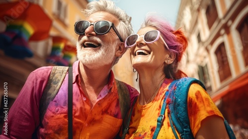 Close up vivid portrait of an elderly couple, happy man and woman traveling. Elderly travelers, AI generated
