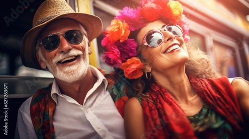 Close up vivid portrait of an elderly couple, happy man and woman traveling. Elderly travelers, AI generated