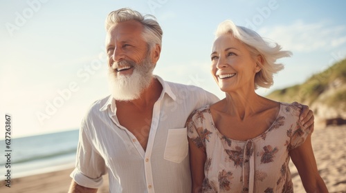 Elderly couple happy together, cuddling on the beach. Portrait, close-up. Vacation of pensioners. AI generated