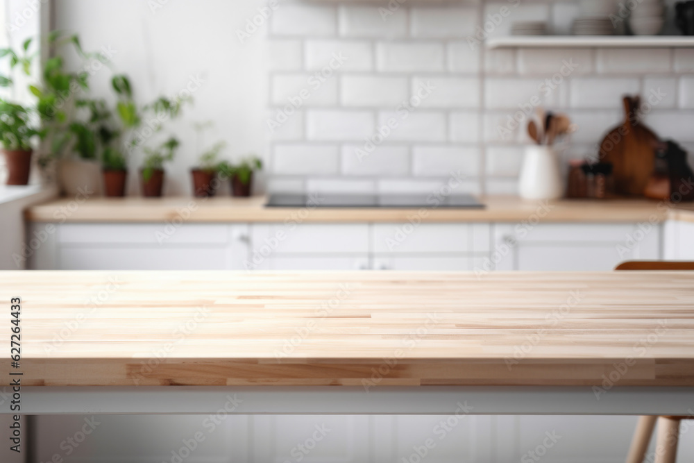 white wooden table top kitchen interior background in and blurred defocused with daylight flare bokeh, product montage display, generative ai white wooden table top kitchen interior background in and blurred defocused with daylight flare bokeh, product montage display, generative ai