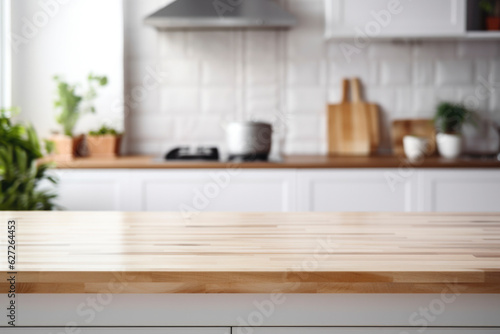 white wooden table top kitchen interior background in  and blurred defocused with daylight flare bokeh, product montage display, generative ai © BrightSpace