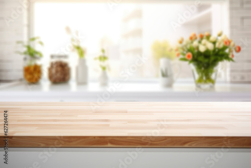 white wooden table top kitchen interior background in and blurred defocused with daylight flare bokeh, product montage display, generative ai