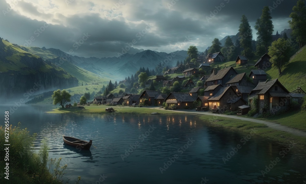 Small Village Nestled At The Edge Of A Dark River Small Village Nestled At The Edge Of A Dark River