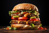 Fresh vegan burger with plant based meat. Sesame seed bun, sliced tomato and lettuce