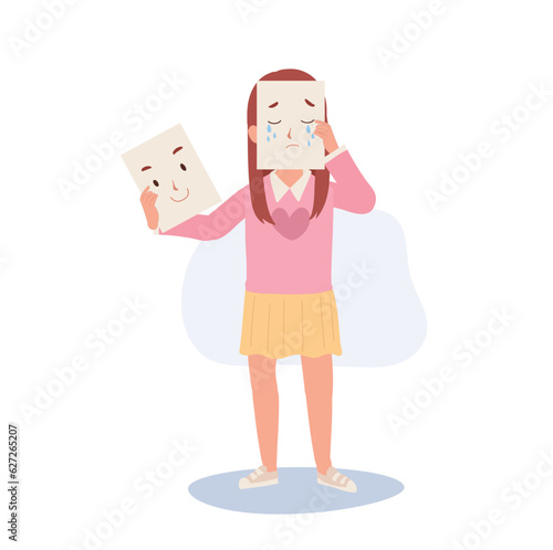 Melancholy in Childhood. Sad Kid with Hidden Feelings. Young child Pretending to be Okay but Concealing Sadness. Flat vector cartoon illustration