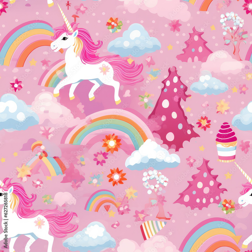 Pink unicorn Candyland dream fantasy magic cartoon repeat pattern Pink unicorn Candyland dream fantasy magic cartoon repeat pattern