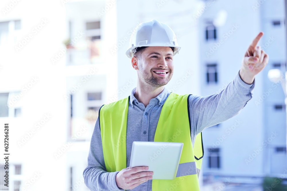 Tablet, architecture and smile with man in city for planning, project management and building. Inspection, engineering and contractor with person on construction site for digital and technology Tablet, architecture and smile with man in city for planning, project management and building. Inspection, engineering and contractor with person on construction site for digital and technology