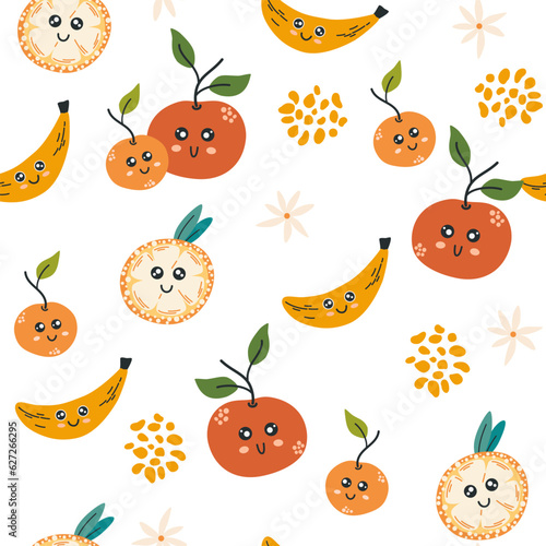 Fruit character seamless pattern. Banana, orange and peaches. Creative texture for fabric, packaging, textiles, wallpaper, clothing. Vector illustration