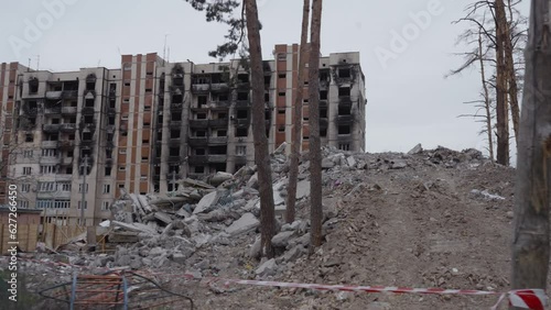 Ruins of a demolished residential building destroyed by russian mortar and artillery fire. Russian full-scale invasion. Irpin, Ukraine