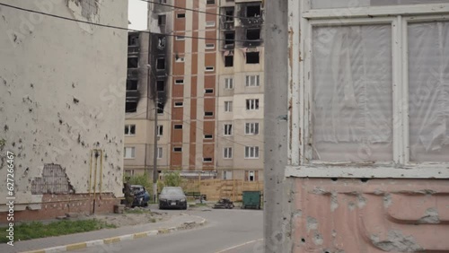 Destroyed and damaged houses as a result of a full-scale Russian invasion. Irpin, Ukraine