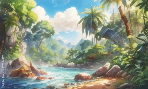 Watercolor Jungle Landscape Background 