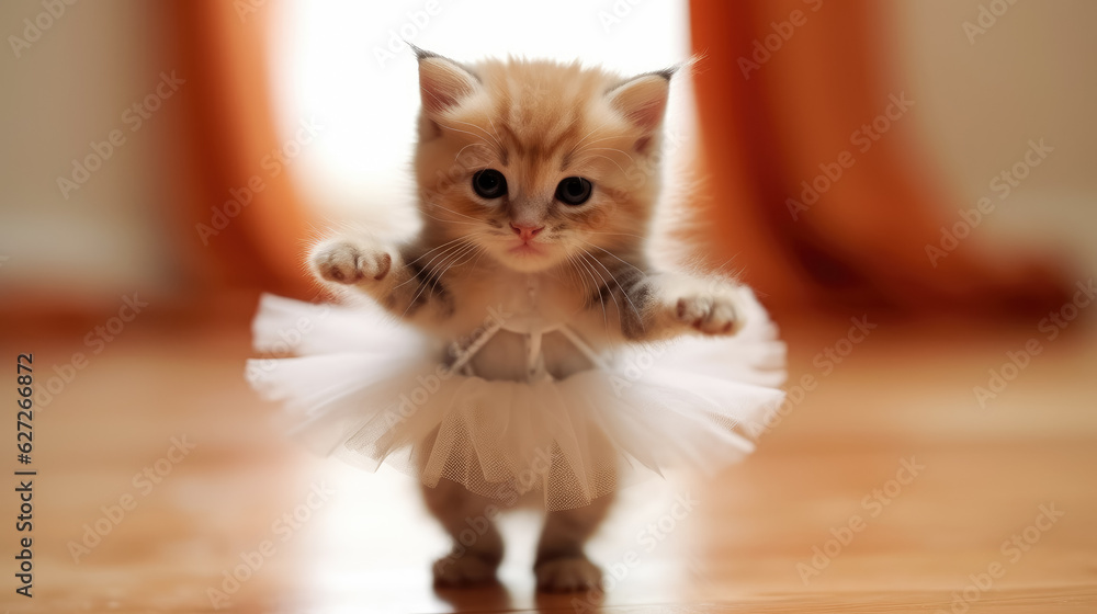 Tiny little baby cat in a dress dancer , Cute cat ballet dancing , Created with Generative Ai