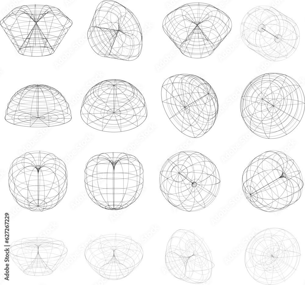Set of 3D wireframe objects Part 2, collection of 3D wireframe illustrations Set of 3D wireframe objects Part 2, collection of 3D wireframe illustrations