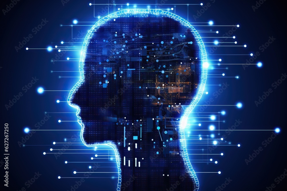Virtual technology artificial intelligence avatar background, abstract geometric human head silhouette with circuit board. Virtual technology artificial intelligence avatar background, abstract geometric human head silhouette with circuit board.