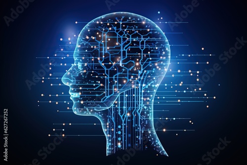 Virtual technology artificial intelligence avatar background, abstract geometric human head silhouette with circuit board.