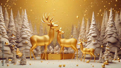 Christmas background with golden balls, gifts and deer © Darwin Vectorian